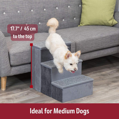 Trixie Velour Dog Stairs with Tread Steps - 4 Step Pet Stairs for Beds and Couches - Foldable with Additional Storage Space - Gray