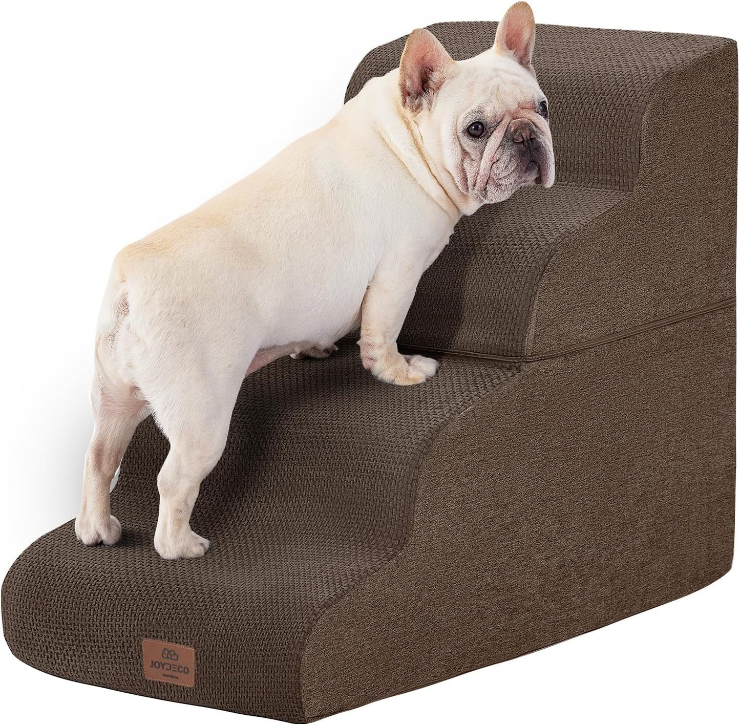 Joydeco Dog Stairs for Bed 17.1" H, 3-Step Pet Steps for Small Dogs and Cats, Dog Steps for High Bed, Non-Slip Balanced Ramp Indoor Pet Stairs, Beige