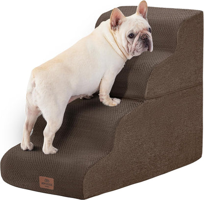 Joydeco Dog Stairs for Bed 17.1" H, 3-Step Pet Steps for Small Dogs and Cats, Dog Steps for High Bed, Non-Slip Balanced Ramp Indoor Pet Stairs, Beige