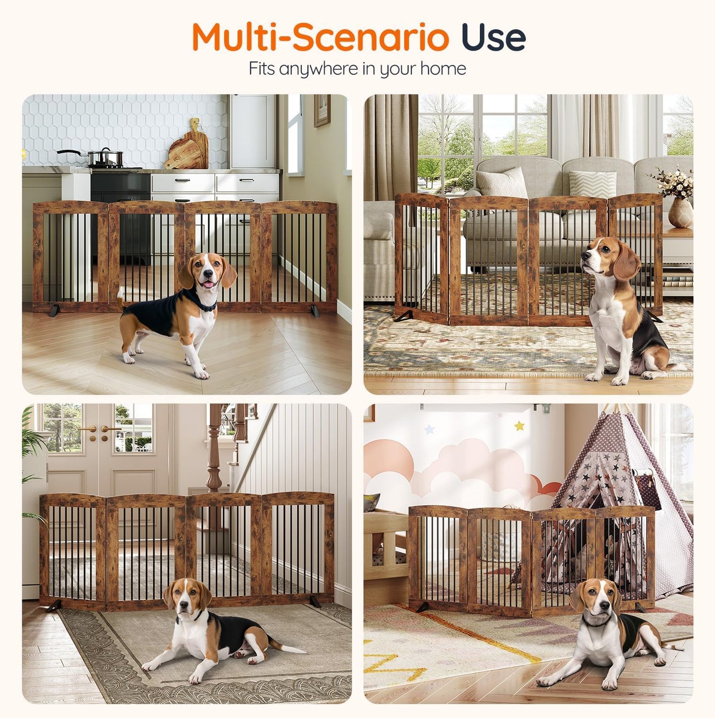 HOOBRO Indoor Dog Gate with Support Feet, Freestanding Pet Gate for Doorway, Stairs, 31.5 Inch 3 Panels, Folding Dog Fence, 360° Hinge for Easy Access, Sturdy Iron Pipe, Rustic Brown BF06PP03
