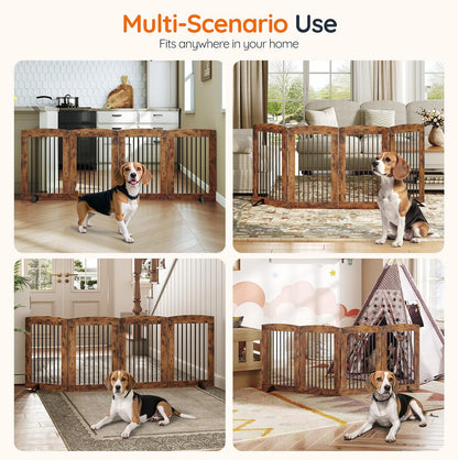 HOOBRO Indoor Dog Gate with Support Feet, Freestanding Pet Gate for Doorway, Stairs, 31.5 Inch 3 Panels, Folding Dog Fence, 360° Hinge for Easy Access, Sturdy Iron Pipe, Rustic Brown BF06PP03