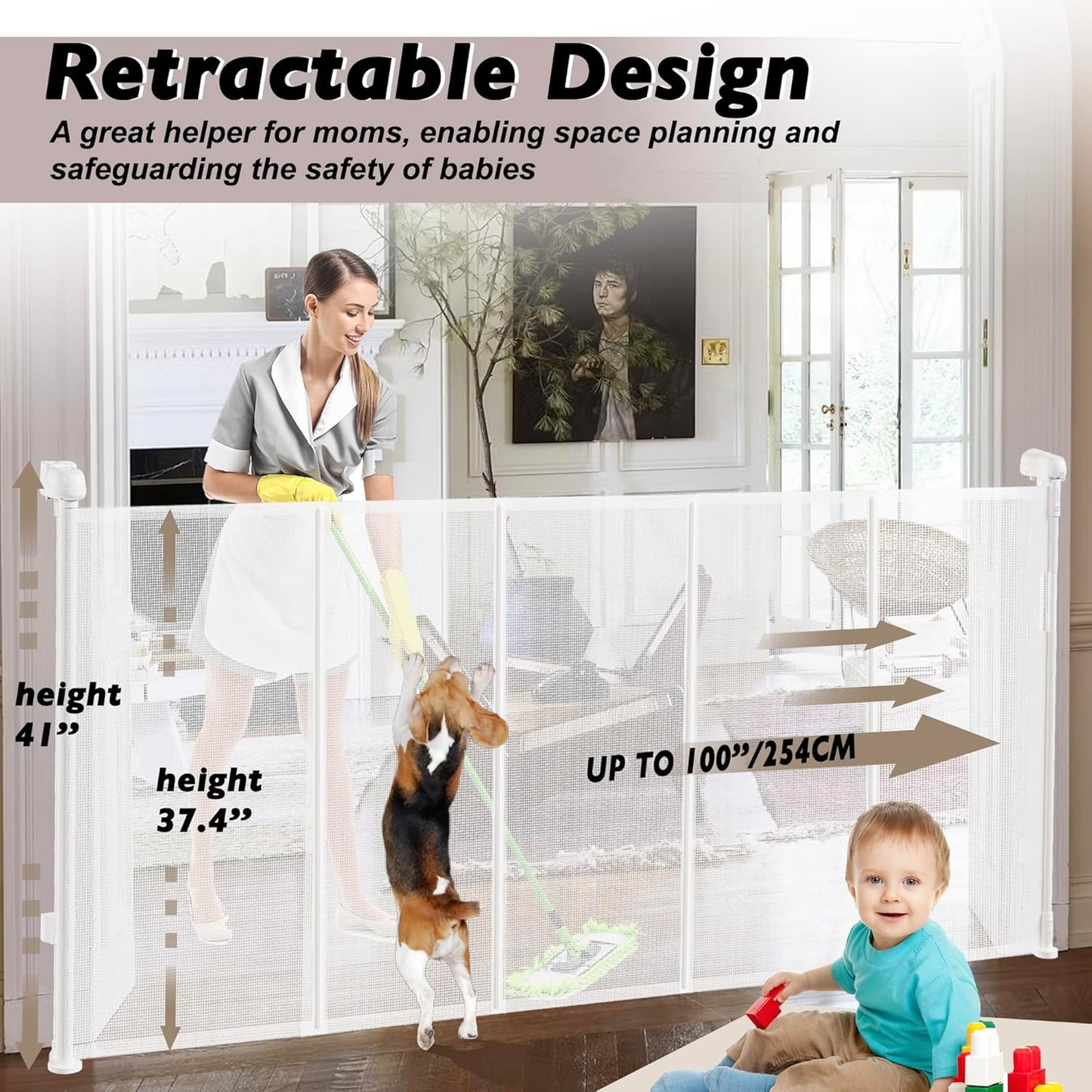 240" Retractable Baby Gates Extra Wide for Large Opening, 41" Extra Tall Retractable Dog Gate Pet Gates, Long Child Safety Mesh Gate with Fiberglass Rods for Stairs, Doorways, Hallways, Indoor/Outdoor