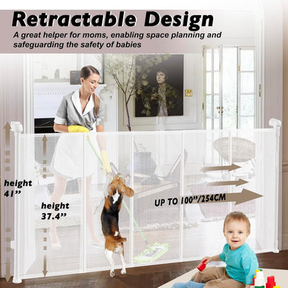 240" Retractable Baby Gates Extra Wide for Large Opening, 41" Extra Tall Retractable Dog Gate Pet Gates, Long Child Safety Mesh Gate with Fiberglass Rods for Stairs, Doorways, Hallways, Indoor/Outdoor