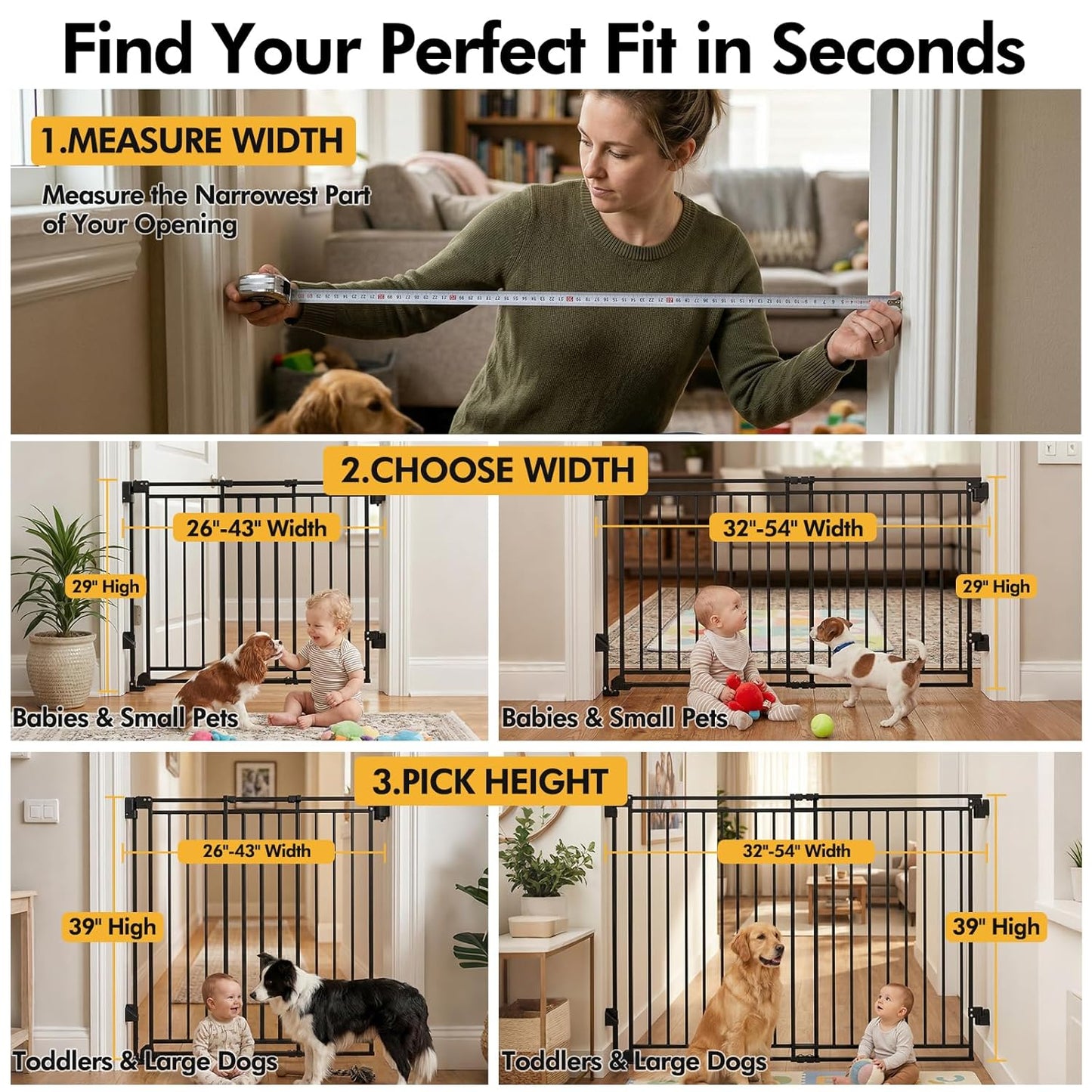 Baby Gate for Stairs & Doorways - Fits Openings 26 to 43 Inches Wide (Must Drill to Install) | 29" Extra Tall with No Bottom Bar | One-Handed Auto-Close Walk-Thru Gate for Kids & Pets, Black