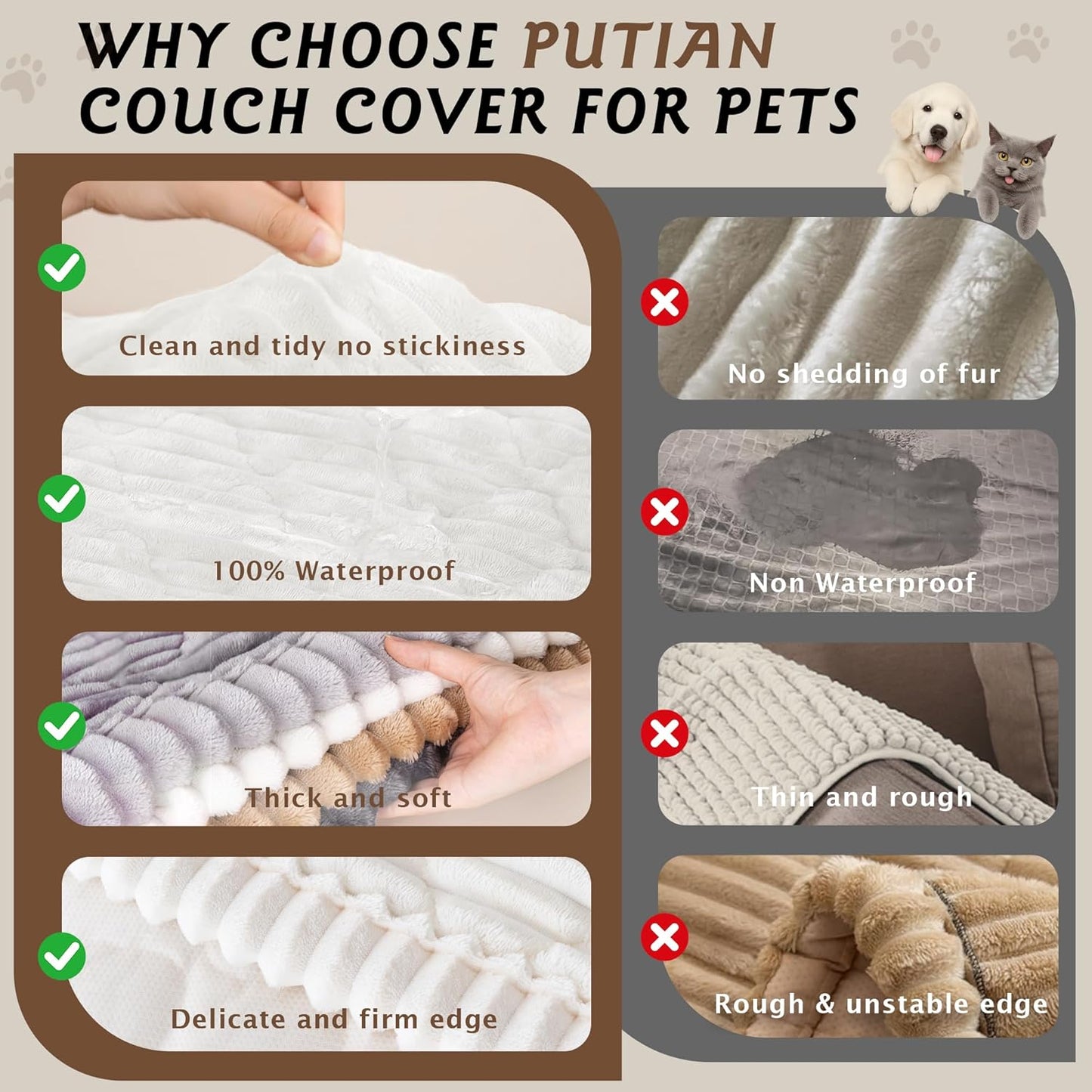 PuTian 100% Waterproof Fuzzy Couch Cover for Dogs Washable Non-Slip Furniture Cover Pet Friendly Dog Mat for Couches and Sofas White 27.6''x59'' 70cmx150cm