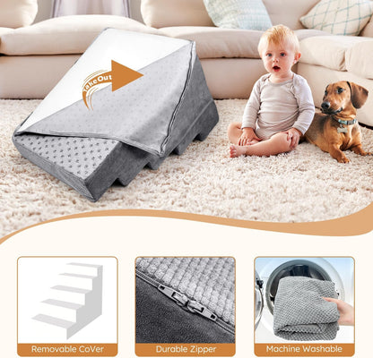 Heeyoo Dog Stairs for Small Dogs,5-Step Dog Steps for High Bed and Couch, High-Density Foam Pet Steps with Supporting Board, Non-Slip Removable Washable Cover, Grey