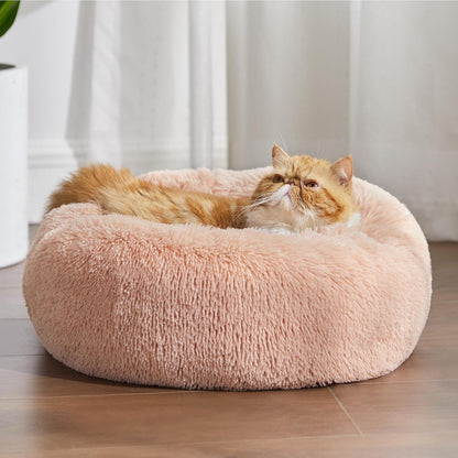 Bedsure Calming Dog Bed Medium Size Dog - Donut Washable Medium Pet Bed, 30 inches Anti-Slip Round Fluffy Plush Faux Fur Cat Bed, Fits up to 45 lbs Pets, Camel