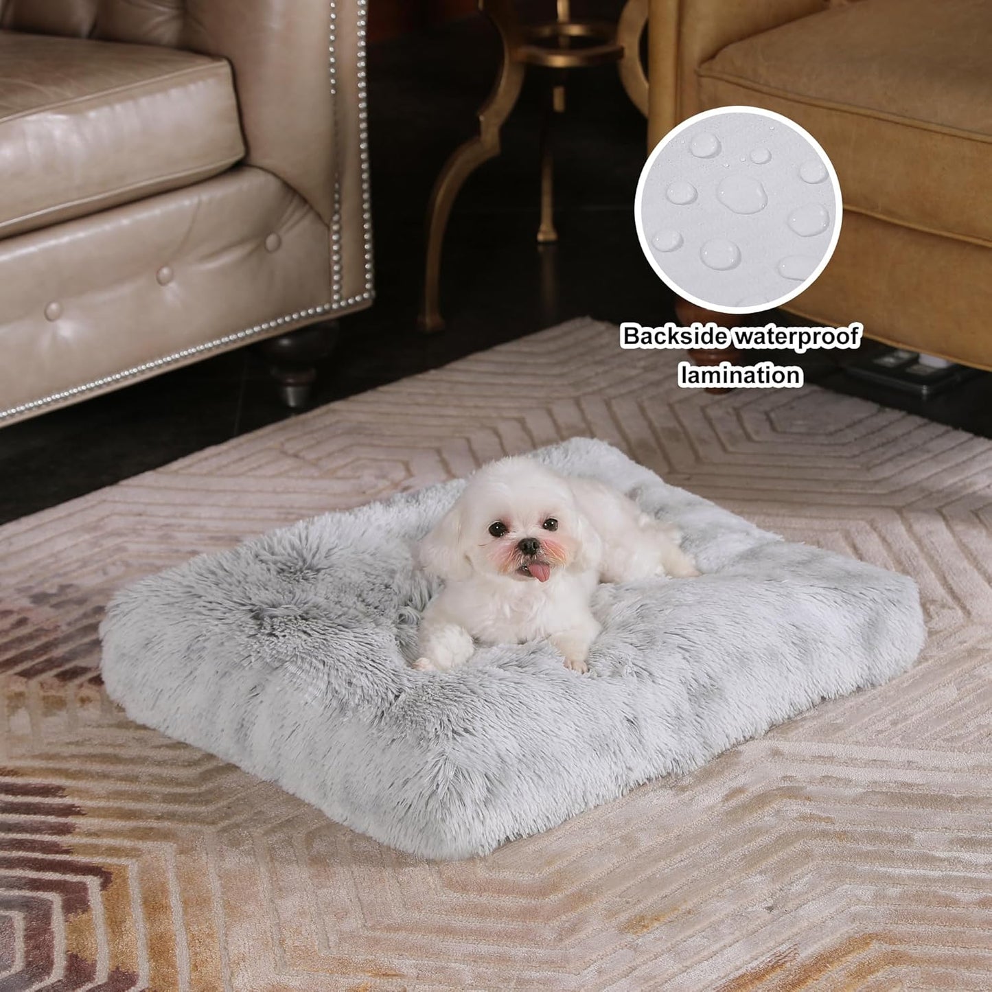 Bedfolks Waterproof Dog Crate Bed, Plush With Removable Washable Cover, Faux Fur Crate Pad for Medium Dogs, Fluffy Kennel 29"x21", Dark Grey
