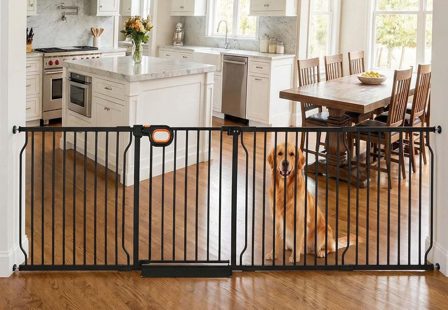 Baby Gates Extra Wide for Doorways 90.6-95.2 Inch Extra Wide Pressure Mounted Baby Dog Gate for the House Indoor Large Openning Metal Safety Gate No Drilling with Walk-Through Door,Black