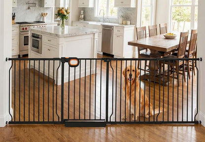 Baby Gates Extra Wide for Doorways 90.6-95.2 Inch Extra Wide Pressure Mounted Baby Dog Gate for the House Indoor Large Openning Metal Safety Gate No Drilling with Walk-Through Door,Black