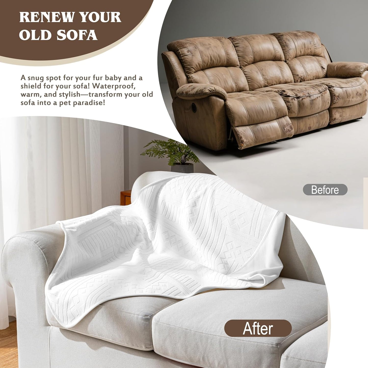 Waterproof Couch Cover, Reversible, Pet-Friendly, Washable and Anti-Slip Couch Covers for Sofa Protection with 3 Cushions, Sofa Slipcovers for Dogs and Cats (71×118in/Brown)