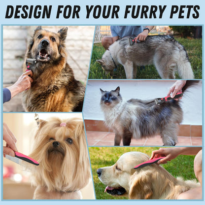 Docrok Pet Grooming Combo - Blue Deshedding Brush with Metal Comb for Detangling and Dematting Long, Matted Fur on Cats and Dogs