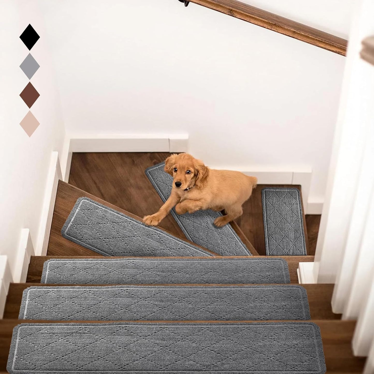 RIOLAND Carpet Stair Treads for Wooden Steps Indoor 9" x 36" Non Slip Stair Treads for Wood Stair with Reusable Adhesive, 15 Pack Peel and Stick Stair Runner for Kids Elders and Dogs, Diamond Gray