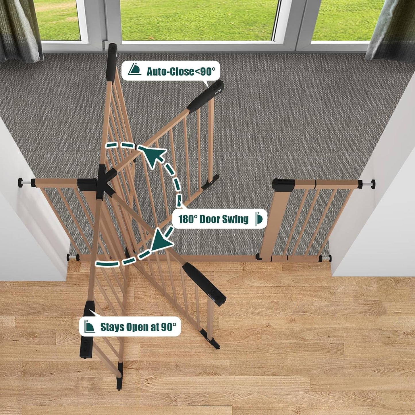 keny 29.7"-46" Baby Gate for Stairs, Auto Close Dog Gates for Doorways, Pressured Mounted No Drilling Pet Gate Extra Wide, One-Hand Opening Dual Lock Stair Gate, Indoor Kids Necessities, Black