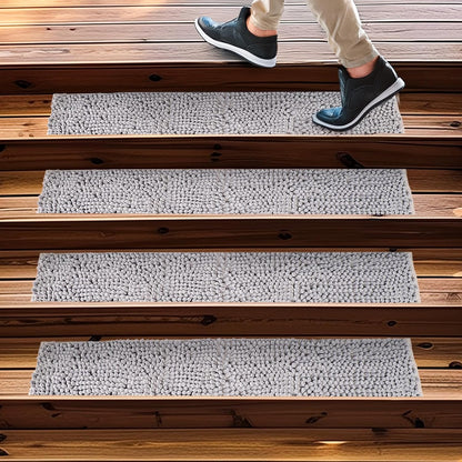 Muddy Mat® Pack of 4 - Soft Chenille Stair Treads Non-Slip Reusable, Super Absorbent Stair Treads for Wooden Steps, Tile & Marble Floor, Easy to Install & Machine Washable - Grey 30'' x 7''