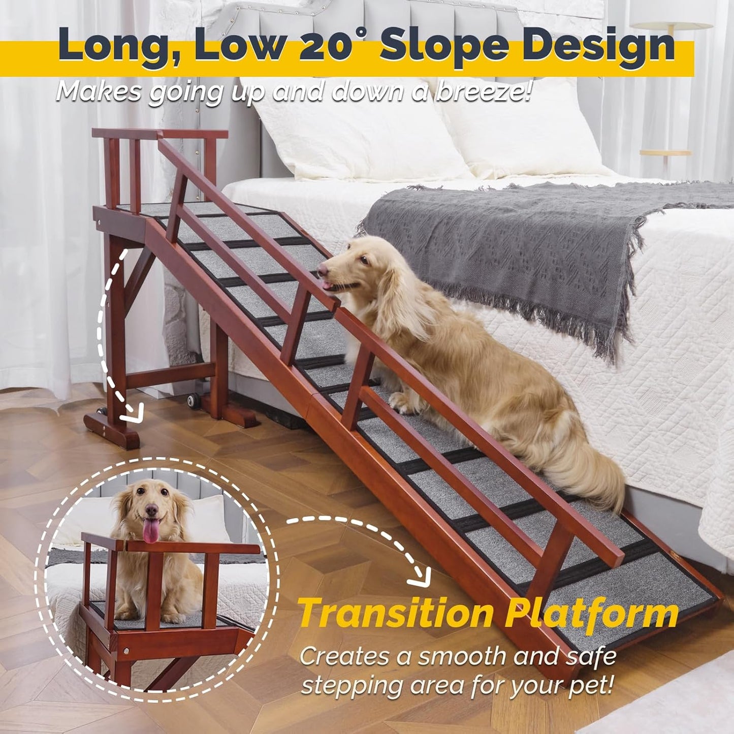 Dog Ramp for Bed or Couch, Wooden Pet Ramp with 20° Gentle Slope, Removable Side Rails, Non-Slip Surface, Top Platform & Wheels, Safe Bed Ramp for Small, Large & Senior Dogs, 60" Long, Mahogany
