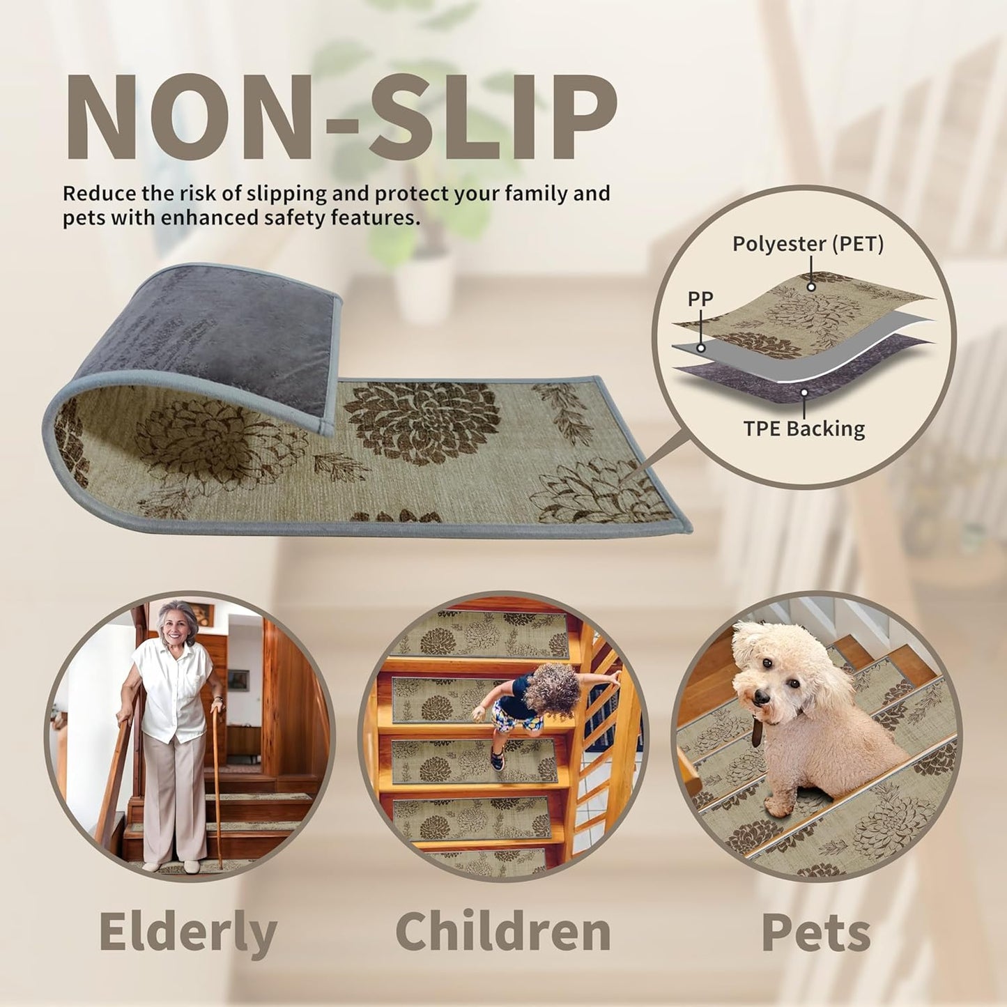 Non-Slip Stair Treads for Wooden Steps 15pcs,8"x30" Stair Carpet Treads for Indoor Use,Peel and Stick Stair Runners,Washable Reusable Adhesive Backing,Pet-Friendly Stair Capet for Kids,Elders,Dogs