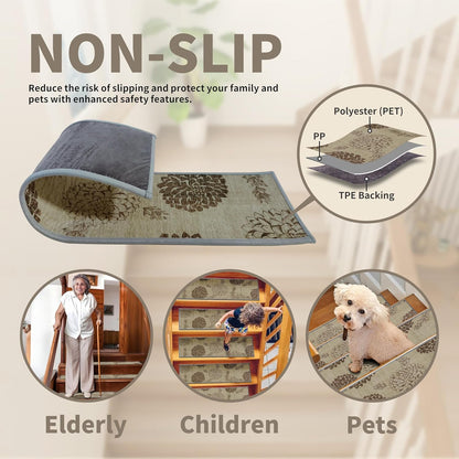 Non-Slip Stair Treads for Wooden Steps 15pcs,8"x30" Stair Carpet Treads for Indoor Use,Peel and Stick Stair Runners,Washable Reusable Adhesive Backing,Pet-Friendly Stair Capet for Kids,Elders,Dogs