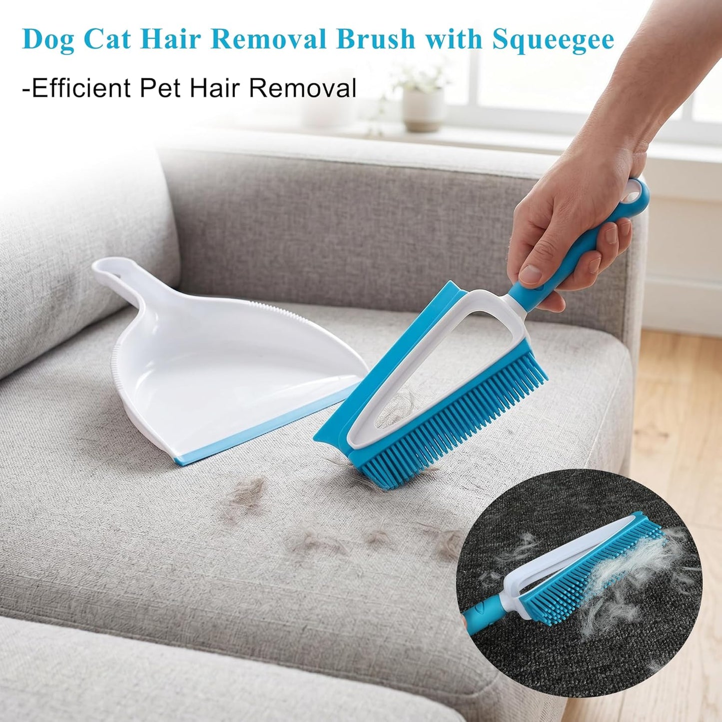 Pet Hair Removal Brush with Mini Dustpan – Pet Rubber Brush for Dogs & Cats, Double-Sided Squeegee Tool for Carpet, Clothes, Sofa, Bed Sheets - Easy Storage