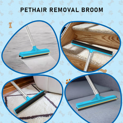 Upgraded Carpet Rake for Pet Hair Removal,2PCS Reusable Pet Hair Remover with 56” Adjustable Long Handle, 3 in 1 Rubber Broom and Carpet Brush Scraper for Rugs, Mats, Couch, Furniture