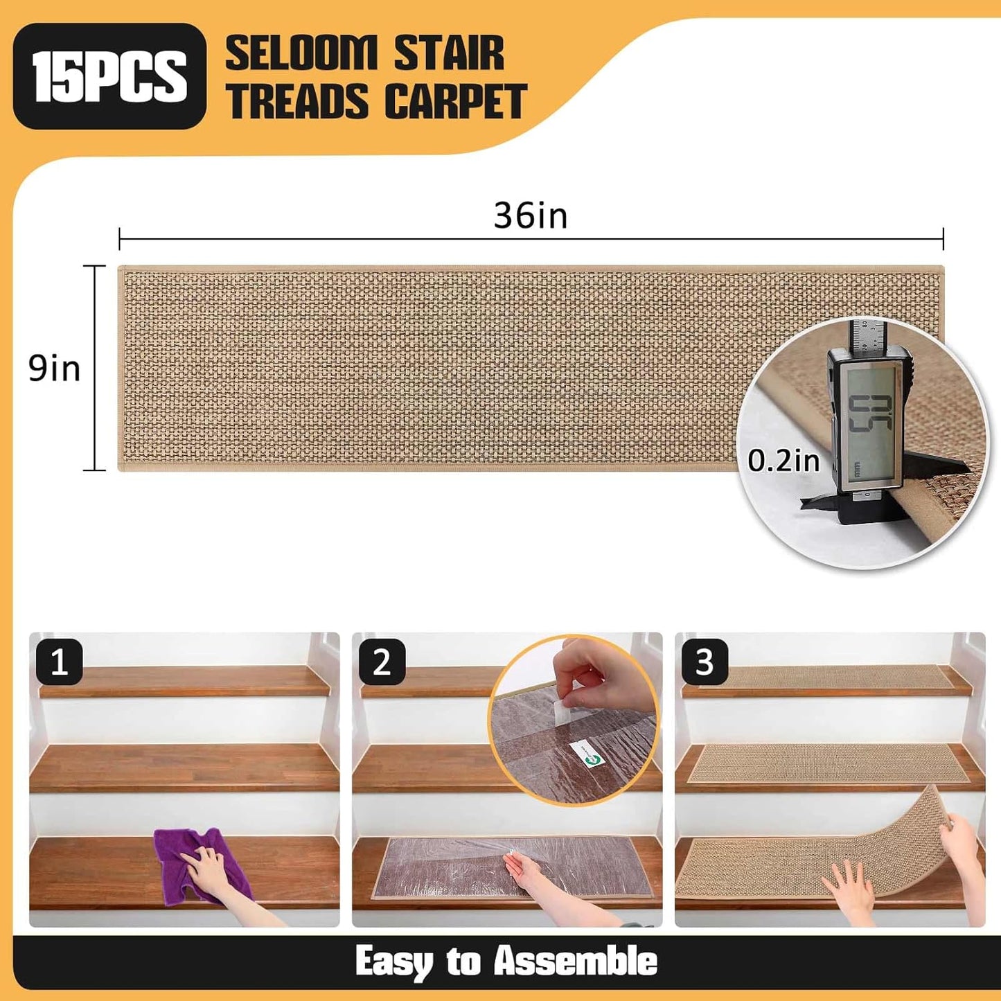 Stair Treads Non Slip for Wooden Steps Indoor 9" x 36" 15 Pack Extra Wide Stairs Tread Carpet Runner, Step Pads with Reusable Adhesive for Dogs Kids Elders, Machine Washable, Black