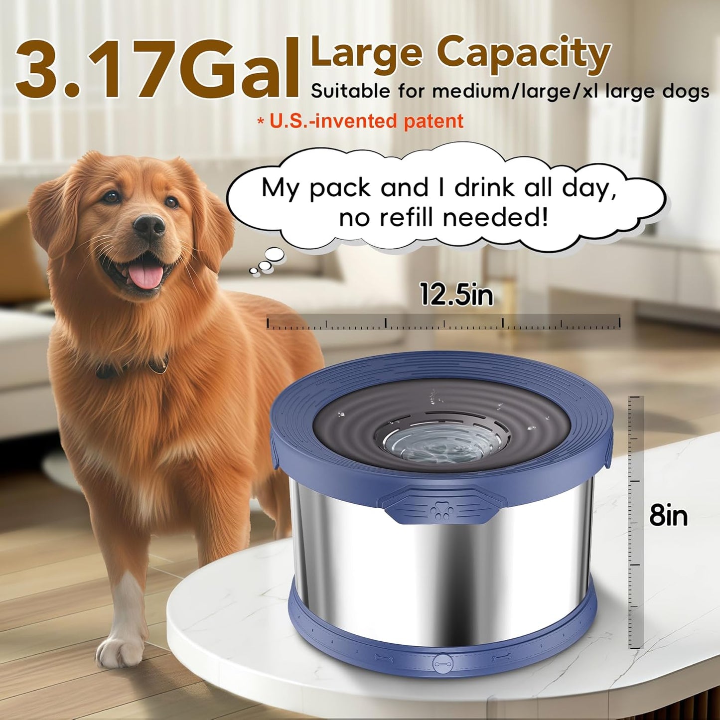 UPSKY Dog Water Bowl No Spill 10L Stainless Steel, 2.6 Gallon Large Capacity Spill-Proof Dog Bowls, Non-Slip Slow Drinking Anti-Splash Bowl for Large Messy Drinkers, No Mess Indoor/Outdoor Use, Gray