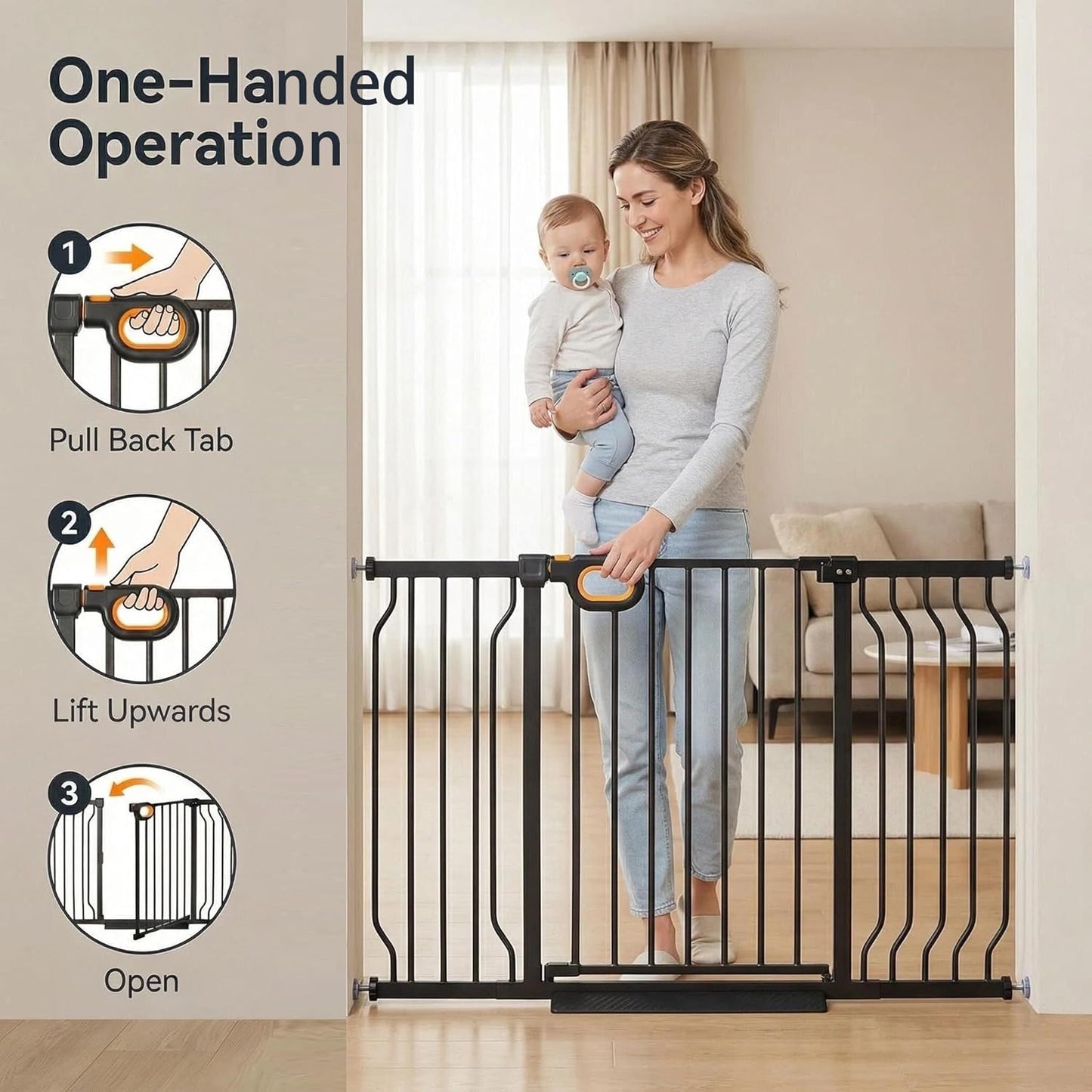 Baby Gates Extra Wide for Doorways 90.6-95.2 Inch Extra Wide Pressure Mounted Baby Dog Gate for the House Indoor Large Openning Metal Safety Gate No Drilling with Walk-Through Door,Black