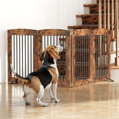 HOOBRO Indoor Dog Gate with Support Feet, Freestanding Pet Gate for Doorway, Stairs, 31.5 Inch 3 Panels, Folding Dog Fence, 360° Hinge for Easy Access, Sturdy Iron Pipe, Rustic Brown BF06PP03
