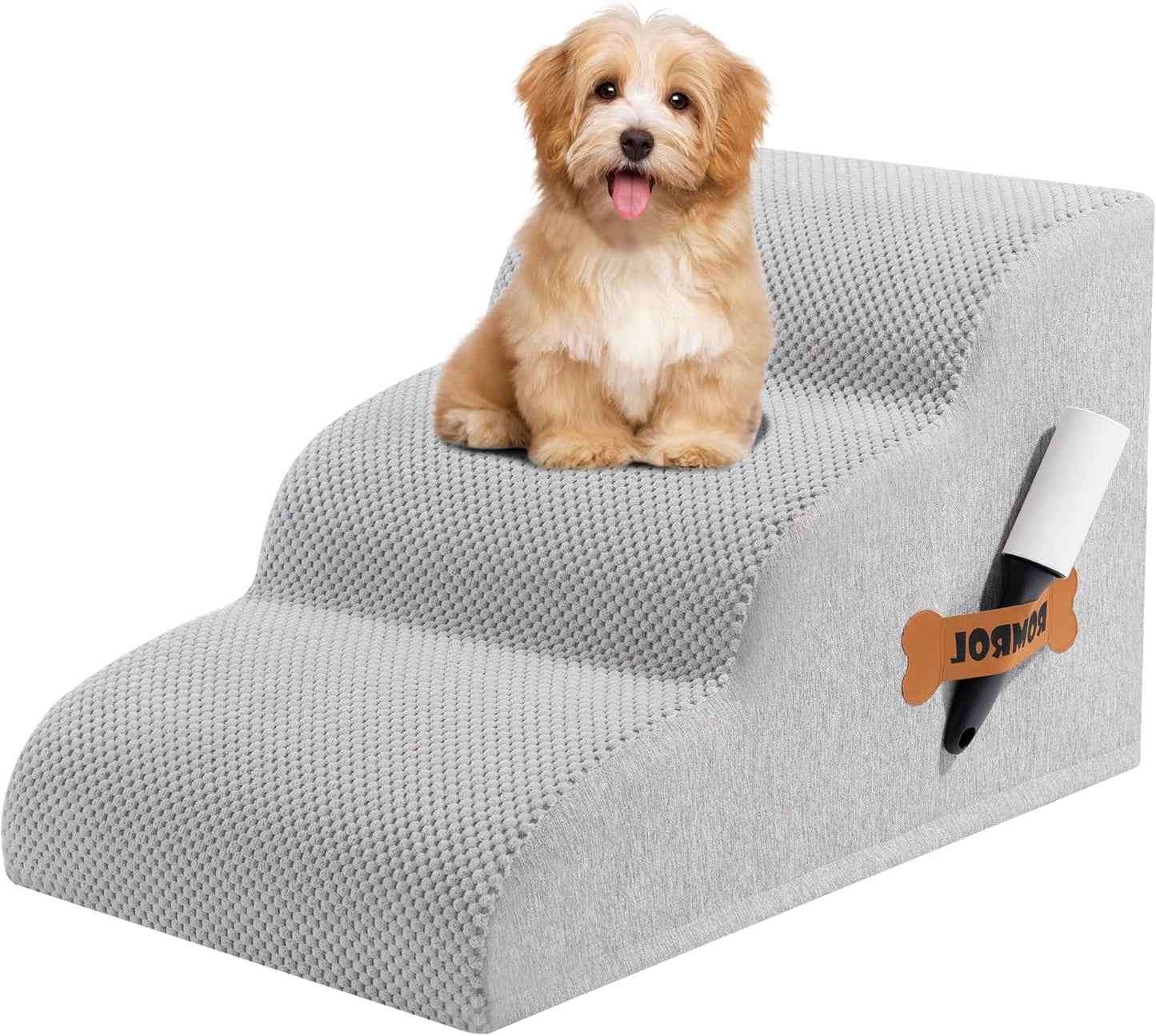 Romrol Dog Stairs Ramp for High Beds Couches, High Density Foam Pet Steps with Durable Non-Slip Waterproof Fabric Cover, Dog Stairs for Small Dogs or Cats or Pets, 5-Step, 22 Inch, Grey