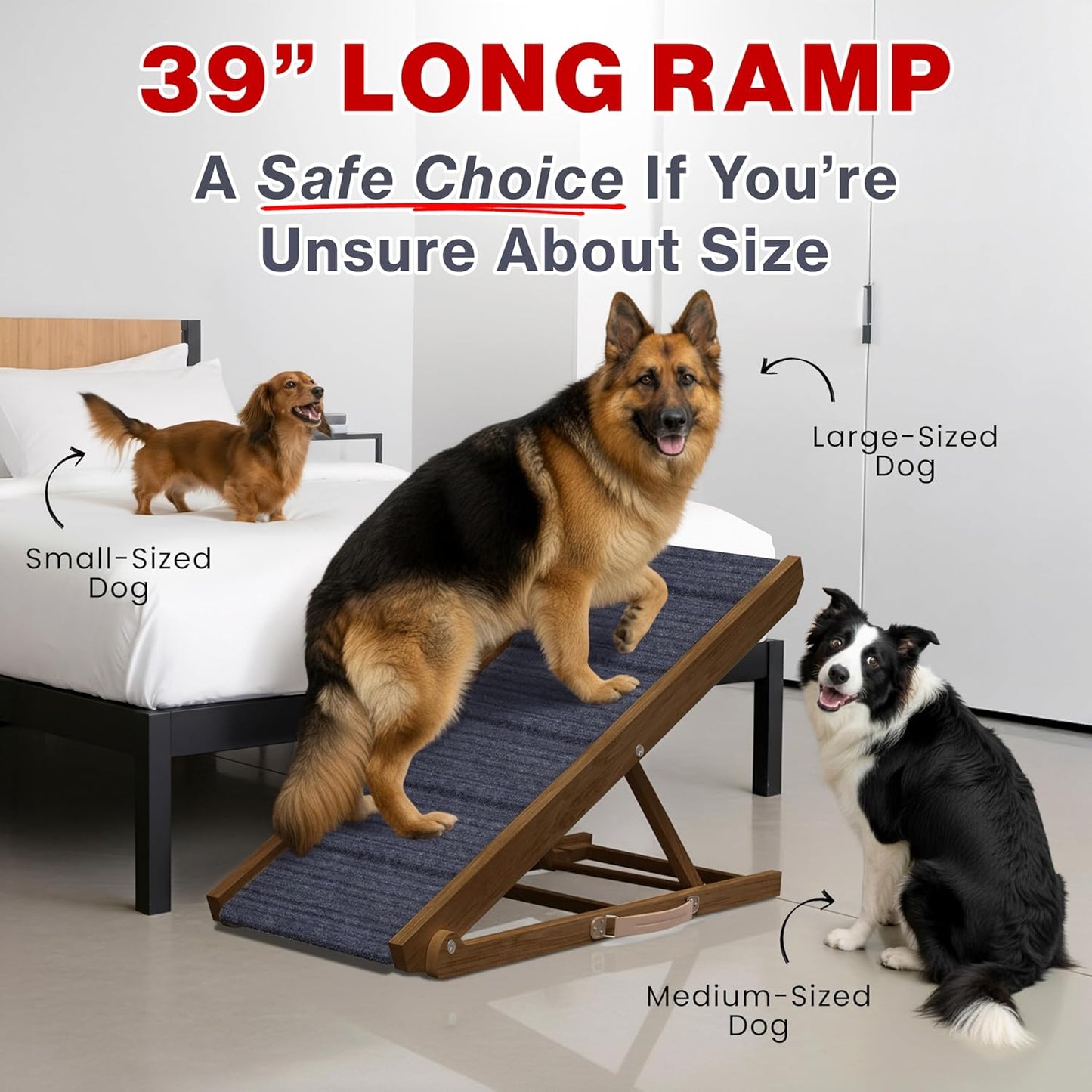 Adjustable Dog Ramp for Bed - 34" Long Foldable Wooden Ramp for Dogs to Get on Bed, Couch, or Car with 12.6" Wide Walking Space (Natural Wood with Gray Carpet)
