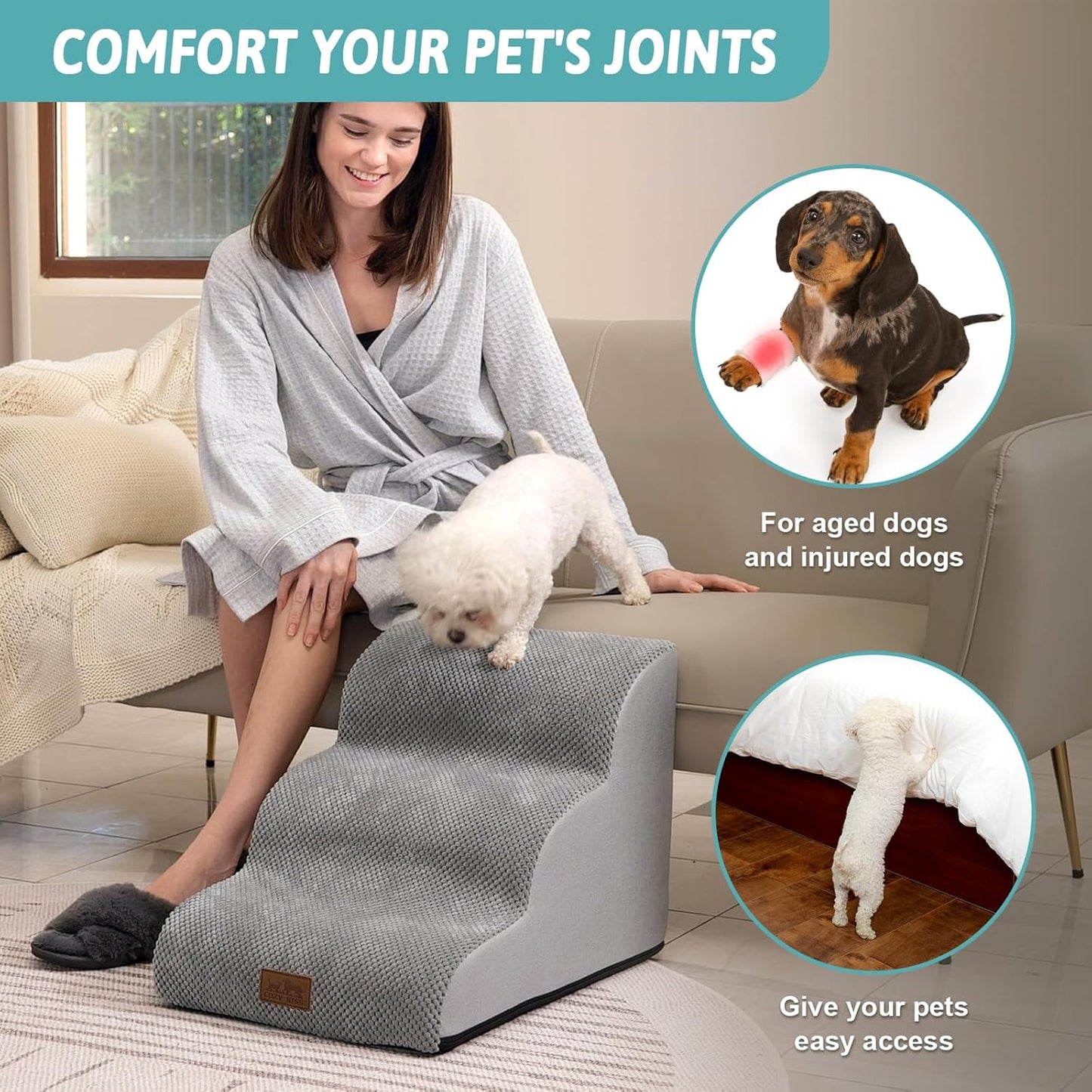 COZY KISS Dog Stairs for Small Dogs 15.7" H, Curved Dog Step for Puppy, Older Cat, Medium Pet Ramp for Sofa, Couch or Chair, Ladder with High Density Foam, 3 Step, 15.7x22.4x15.7 inch, Beige