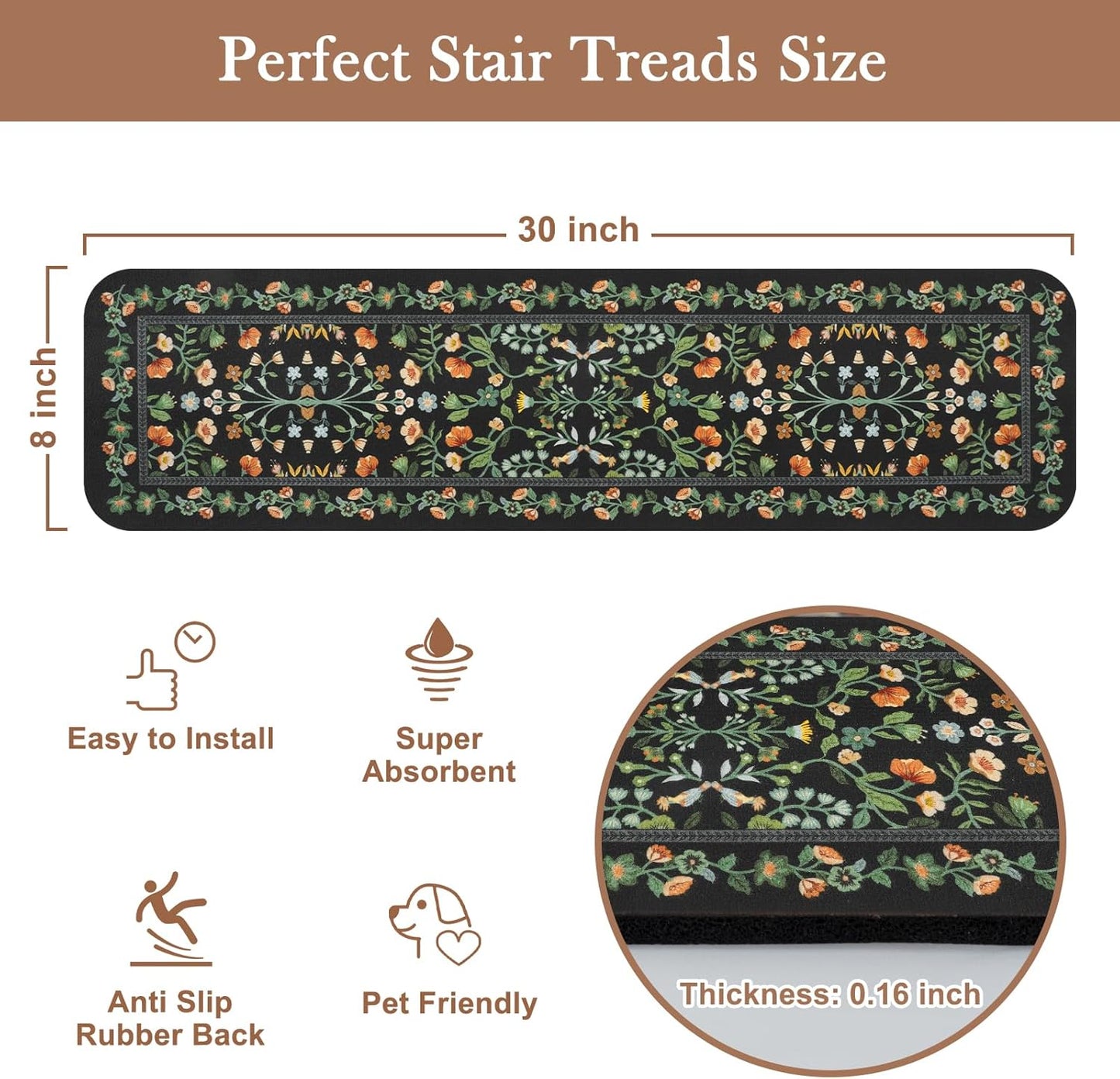 OJIA Floral Stair Treads Non-Slip Carpet Stair Treads for Wooden Steps Indoor 15PCS 30"x8" Stair Runner Stair Mats Staircase Step Treads for Kids, Elders and Dogs, Stair Covers, Black