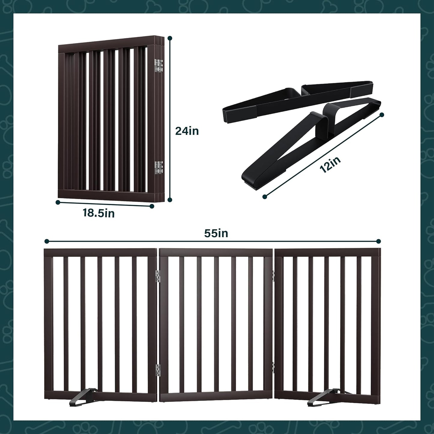 Freestanding Dog Gates Indoor, 3-Panel Pet Gates with 2 Metal Stands and 360° Hinge, 24" H Foldable Dog Gate for Stairs, Doorway, Kitchen, Expands Up to 55" Fully Assembled - Black Walnut