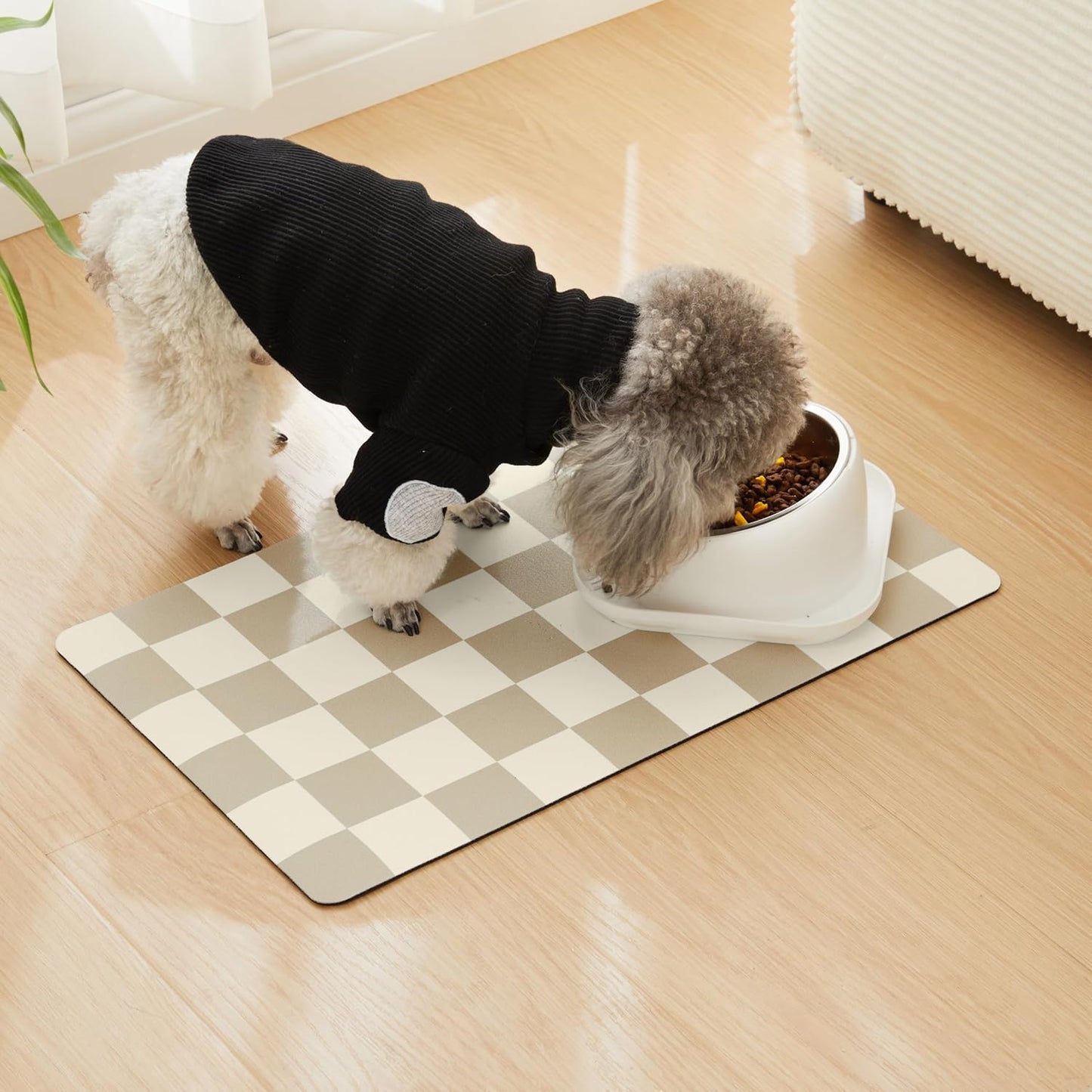 Checkered Dog Feeding Mat, Absorbent Mats for Dog Food and Water Bowl, Dispenser, Retro Aesthetic Khaki Beige Checkerboard Pet Placemat for Dogs, Cats, Puppy Accessories, 12" X 19”