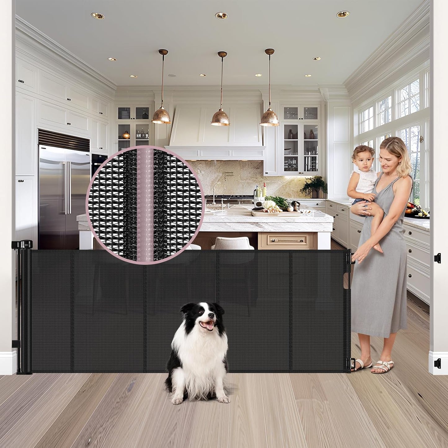 Reinforced 56" Wide Retractable Baby Gates for Doorways with Support Rods - Prevent Crawling Under Retractable Gate, Mesh Pet Gate for Stairs Retractable Dog Gates for The House Indoor/Outdoor, Black
