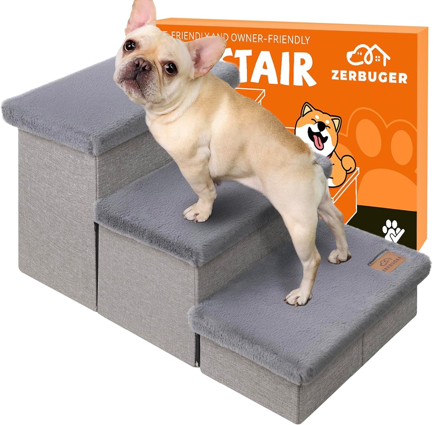 Zerbuger Wider Dog Ramp for High Bed with Storage 18" H, Foldable Dog Stairs for Small Medium Large Older Senior Animal, Sturdy Dog Step for Climbing Bed or Couch, Arthritis-Friendly (Gray, No Condo)