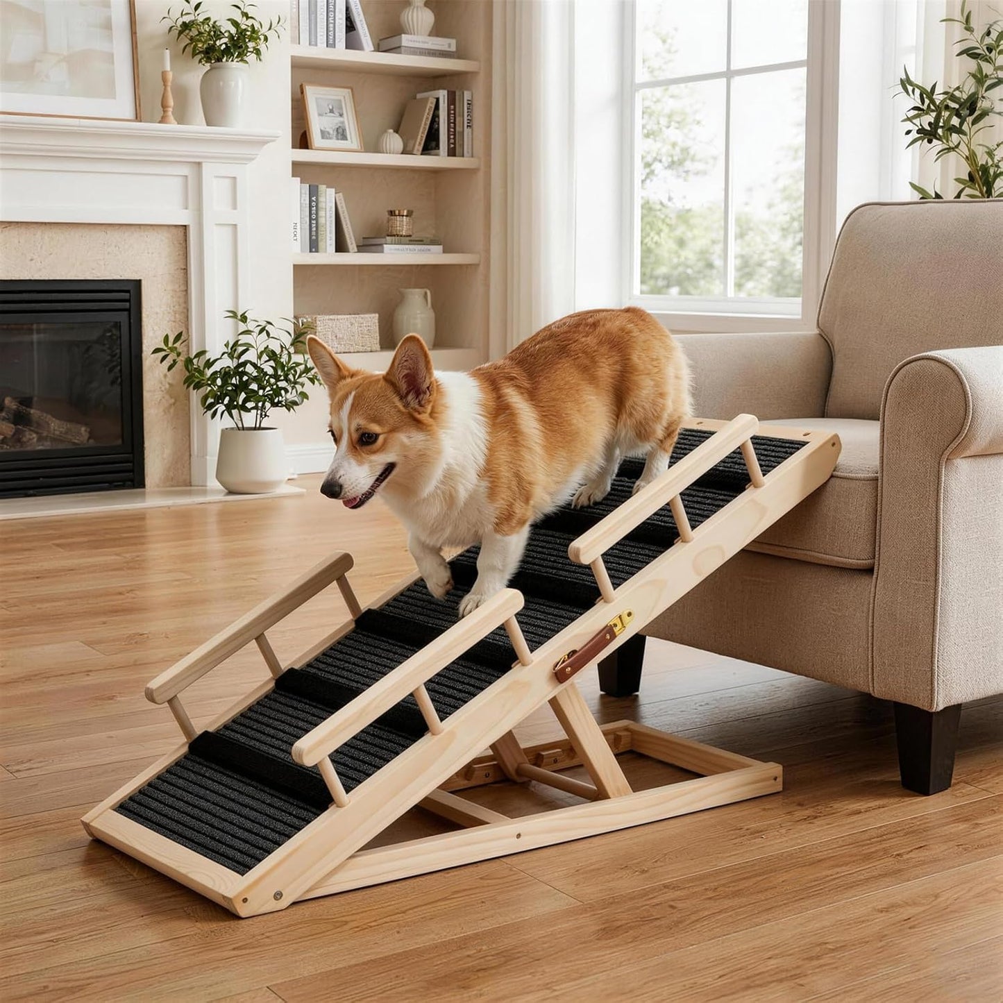 Dog Ramp for Bed, for Couch, 47.24" Long Wooden Pet Ramp for Small & Large Dogs to Get on Bed Couch Car Up to 200LBS, 4 Adjustable Heights (13.7"-24.6"), Foldable Dog Bed Ramp with Anti-Slip Surface