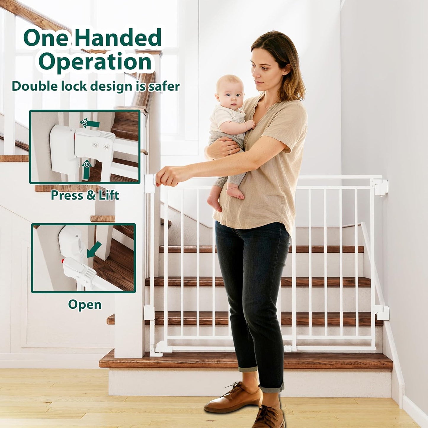 Miumoon 29-43" No Bottom Bar Baby Gate for Stairs, 2-in-1 Auto Close Dog Gate Indoor with Large Walk Thru Door, Hardware Mount Pet Gate for Top and Bottom Stairs (White, 26.5-43" W x 29" H)