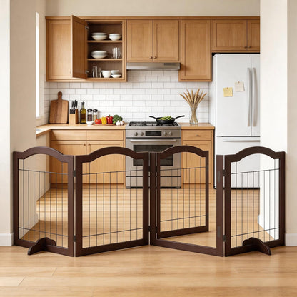 Vantas Espresso Wooden Folding Dog Gate 144" Wide x 30" Tall with Door, Freestanding Pet Gate, Pet Puppy Safety Fence