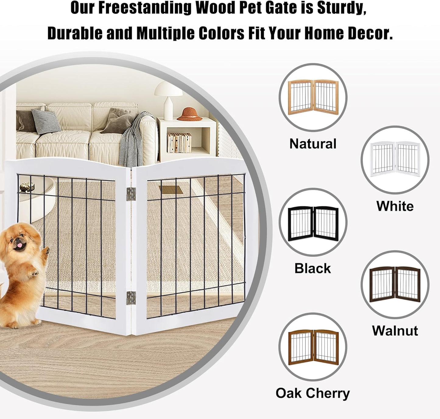 LZRS 2-Panel Freestanding Foldable Wood Dog Gate – Solid Wood & Steel Wire, Chew-Resistant Pet Barrier for Indoor Use, Ideal for Small to Medium Dogs, White