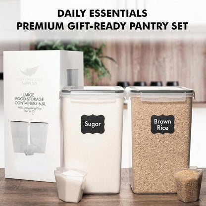 WHITE FEATHER SUPPLIES 2 PC [7 Qt / 6.5L / 220 Oz] Large Food Storage Containers with Lids Airtight - BPA Free Clear Plastic Kitchen and Pantry Storage Containers for Cereal, Flour, Sugar, Rice