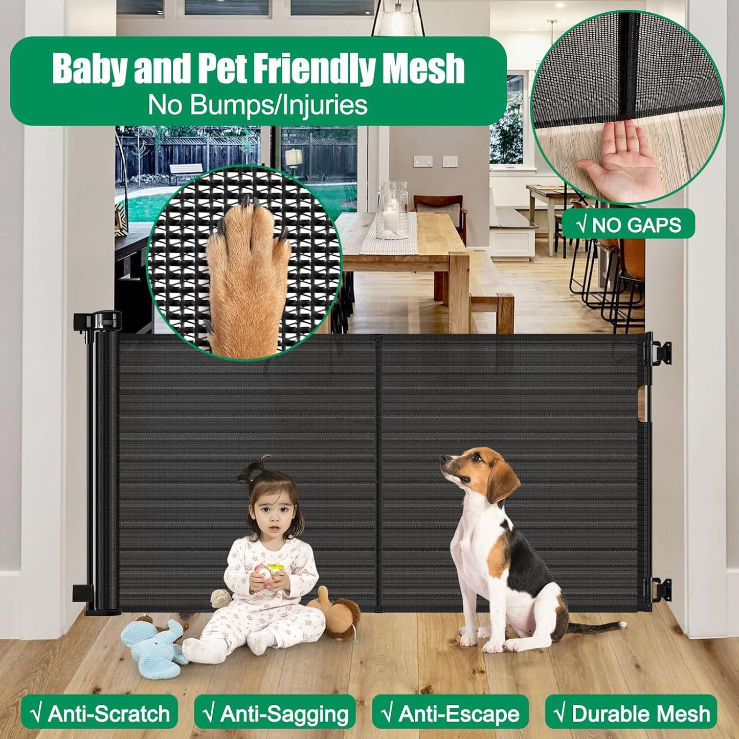 Reinforced 85 Inch Wide Retractable Dog Gate Extra Long Baby Gate with Support Rods – Prevent Crawling Under, Indoor Extra Wide Retractable Baby Gate Retractable Gate Outdoor Gates for Decks, White