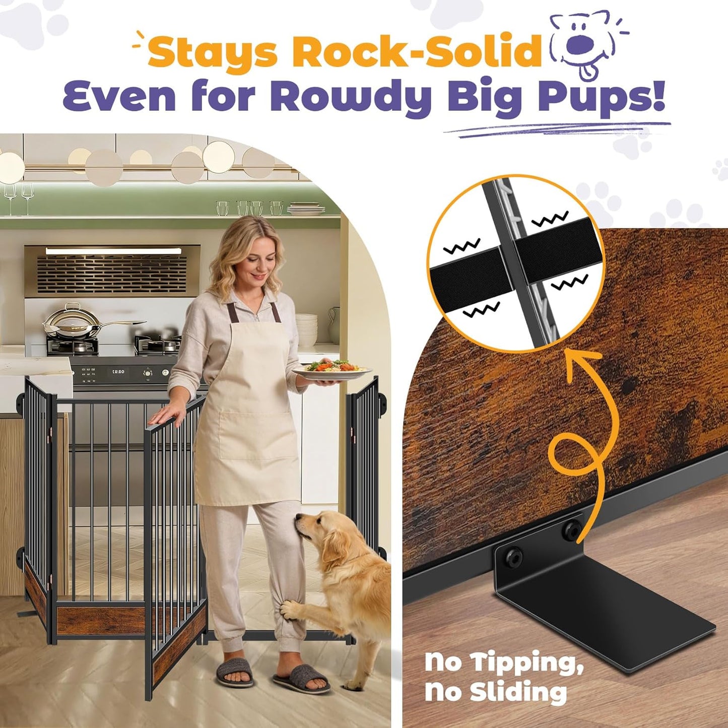 Freestanding Short Dog Gate, 16" Tall Pet Gate Indoor with Support Feet Easily Step Over, 4 Panel Metal Wood Foldable Pet Dog Gate, Up to 48" Wide Puppy Fence, Puppy Gate for for Doorway&Hallway Black