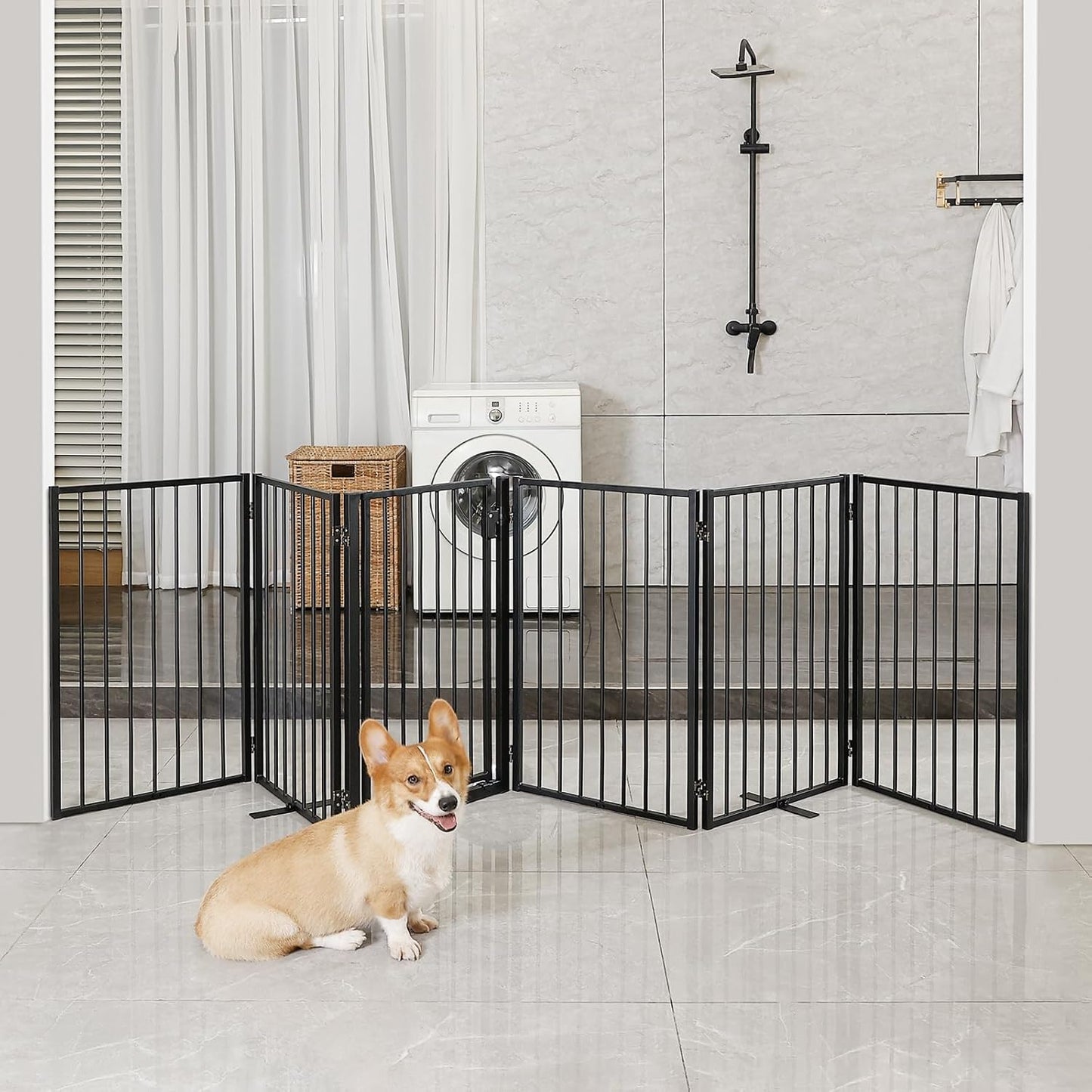 Metal Freestanding Dog Gates with Door for Outdoor Indoor,80'' Extra Wide 32'' Tall Free Standing Dog Gate for Doorways,Large Openings,Deck,Yard,Foldable Safety Pet Fence(Black,4 Panels)
