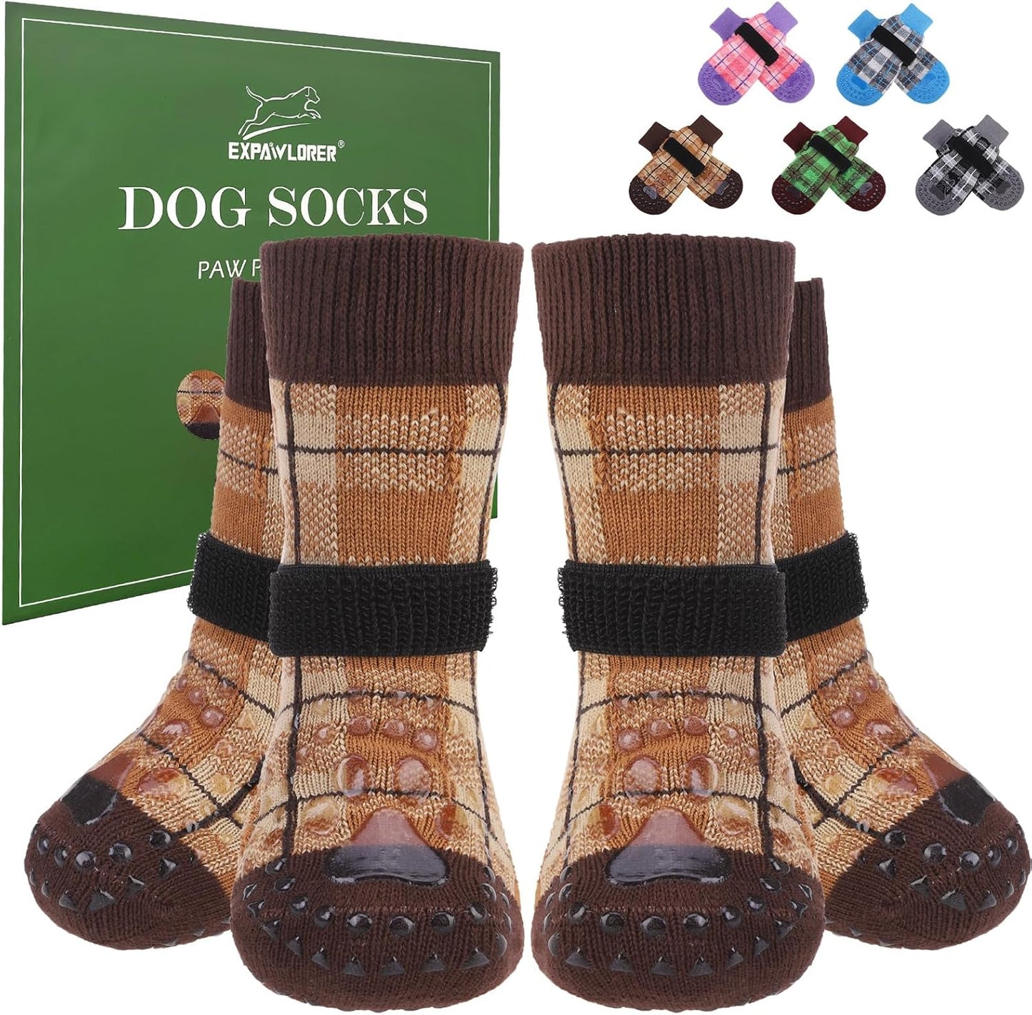 EXPAWLORER Dog Socks for Hardwood Floors, Dog Booties for Winter, Dog Boots & Paw Protectors Pavement to Prevent Licking, Anti Slip Dogs Shoes for Small Medium Large Senior Dogs,Khaki L