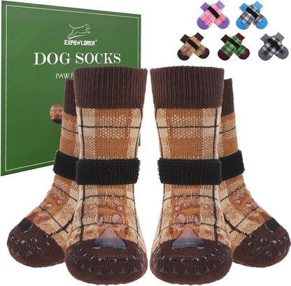 EXPAWLORER Dog Socks for Hardwood Floors, Dog Booties for Winter, Dog Boots & Paw Protectors Pavement to Prevent Licking, Anti Slip Dogs Shoes for Small Medium Large Senior Dogs,Khaki L