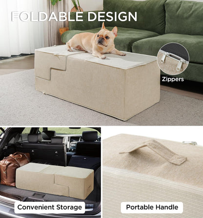 Made4Pets Dog Steps for Bed, Extra Wide Dog Stairs for High Bed Couch Sofa, 35D Foam Pet Steps for Small Dogs and Cats(Up to 40lbs), Non-Slip Bottom Pet Stairs, Tan, 4 Steps