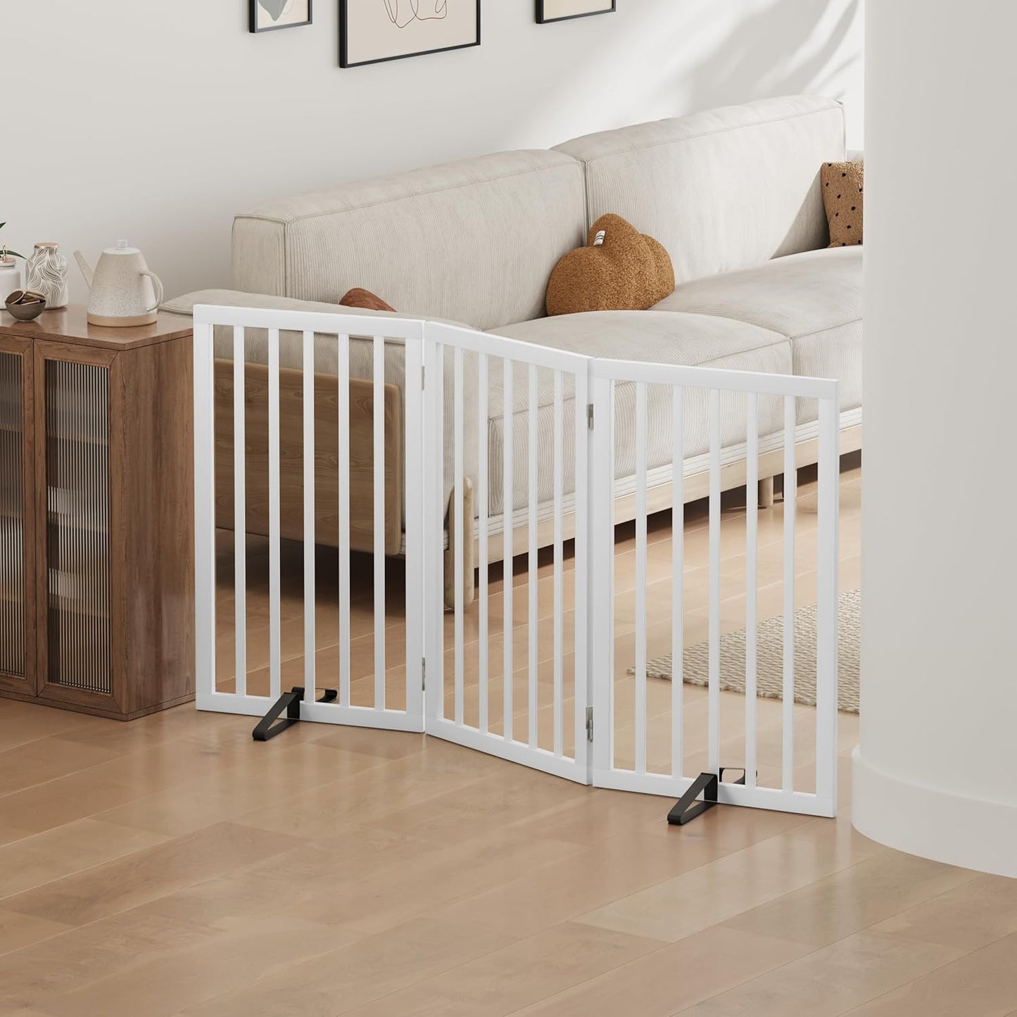 Freestanding Foldable Dog Gate - 4 Panel Room Divider with Metal Support Feet (Black)