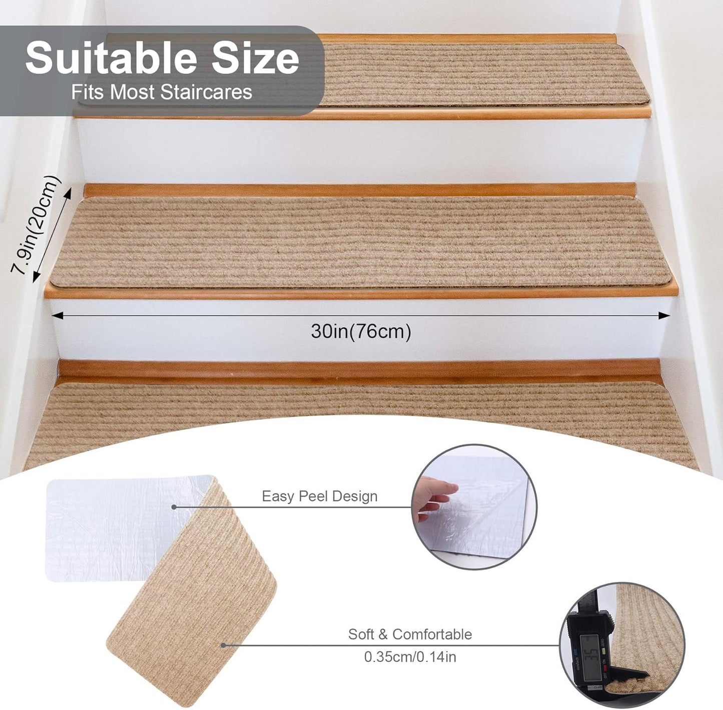Extra Wide Non Slip Stair Treads for Wooden Steps – 15 Pack 9" x36'' Extra Wide Carpet Runners with Reusable Adhesive, Step Pads for Dogs, Kids, Seniors, Machine Washable – Geige