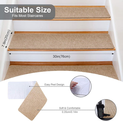 Extra Wide Non Slip Stair Treads for Wooden Steps – 15 Pack 9" x36'' Extra Wide Carpet Runners with Reusable Adhesive, Step Pads for Dogs, Kids, Seniors, Machine Washable – Geige